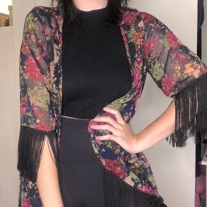 Floral Kimono with Fringe